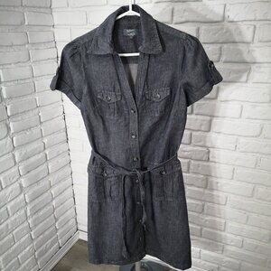 RW&CO Ladies Size Small Dark Grey Button Front V-neck Tie Belt Denim Dress